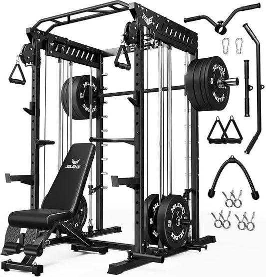 M21 Smith Machine, Multi-Function Power Cage with Dual Pulley Cable Crossover System, 2000LBS All-in-One Squat Rack with Smith Bar and Attachments for Home Gym Strength Training