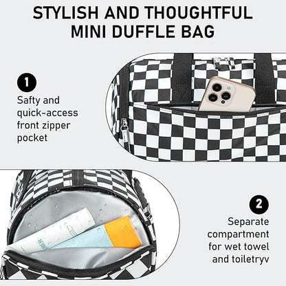 Mini Gym Bag for Women Girls Cute Small Duffle Bag 12'' with Multifunctional Pockets Workout Sport Bags Dance,Fitness,Yoga (Balck-white checkered)