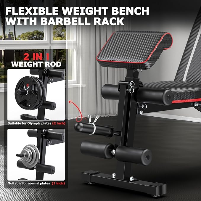 Foldable Workout Bench, Adjustable Weight Bench for Home Gym with Leg Extension, Preacher Pad, Extended Headrest, Collapsible Bench Press Full Body Workout Strength Training Banco de Pesas