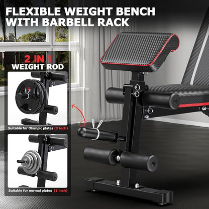 Foldable Workout Bench, Adjustable Weight Bench for Home Gym with Leg Extension, Preacher Pad, Extended Headrest, Collapsible Bench Press Full Body Workout Strength Training Banco de Pesas