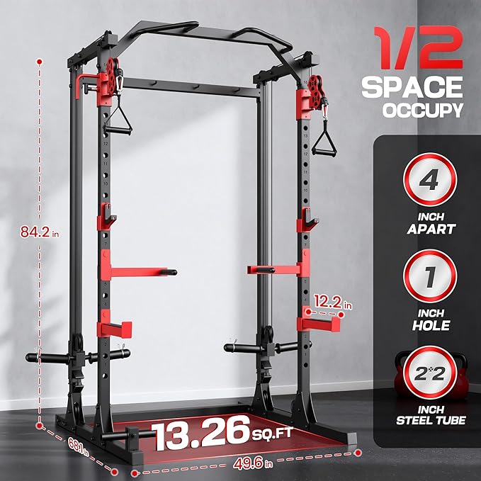 Power Cage with Dual Cable Crossover System, 2000LBS Heavy Duty Squat Rack with Independent Pulleys for Full Body Workout, All-in-One Home Gym Equipment,Compact 13.26 Sq Ft for Garage & Basement
