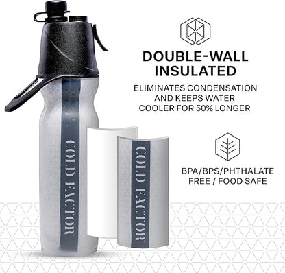 COLD FACTOR Insulated Water Bottle with Cooling Spray – Refillable Sport Bottle for Gym, Cycling, Fitness, and Outdoor Sports, Bike BPA Free, Reusable Design for Training and Travel, 20oz Black/White