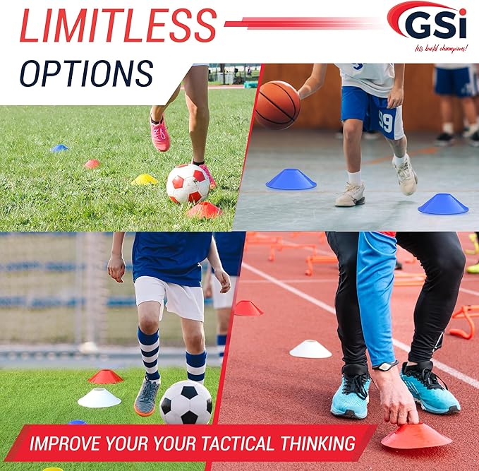 GSi Sports Training Cones for Agility Drills – Soccer & Basketball Multi-Sport Field Markers, Durable Flexible Cones in Multiple Shapes & Packs (20–80 Pack)