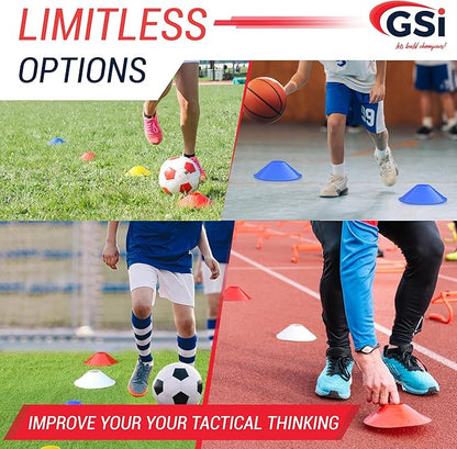 GSi Sports Training Cones for Agility Drills – Soccer & Basketball Multi-Sport Field Markers, Durable Flexible Cones in Multiple Shapes & Packs (20–80 Pack)