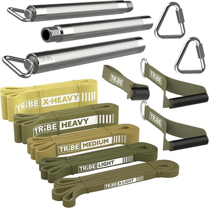 Tribe Lifting Resistance Bands for Working Out Men and Women - Set of 5 Pull Up Bands for Strength Training, Exercise Bands with Handles, Door Anchor and Bar Options for Home Gym