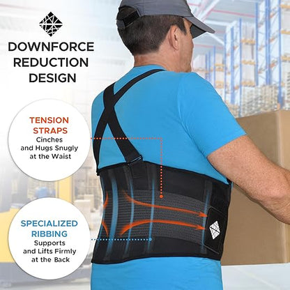 Adjustable Lower Back Support Belt with Suspenders - Heavy Duty Work Brace for Men & Women - Industrial Strength Lumbar Protection for Construction, Warehouse, Moving & Physical Labor Safety, XXL