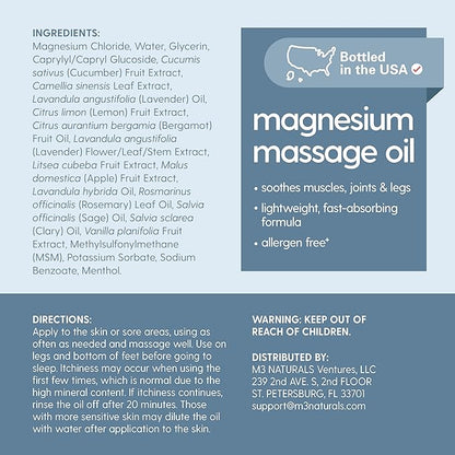 Magnesium Massage Oil for Sore Muscles, Feet, Joints and Leg Cramps, Helps with Sleeping and Post-Workout Recovery, for Sensitive Skin, 8 fl oz by M3
