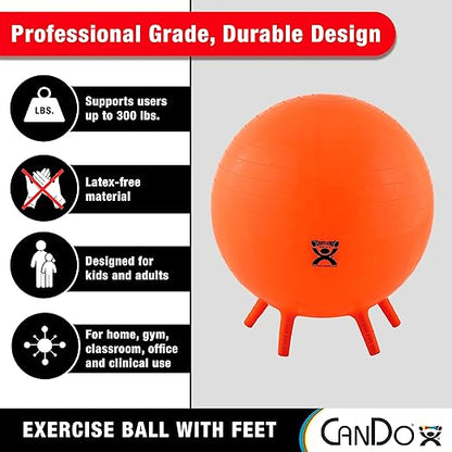 CanDo 30-1892 Non-Slip Inflatable Exercise Ball with Stability Feet Exercise, Workout, Core Training, Stability, Yoga, Pilates, Balance Training Gym, Office, Home, Classroom. Orange, 22"