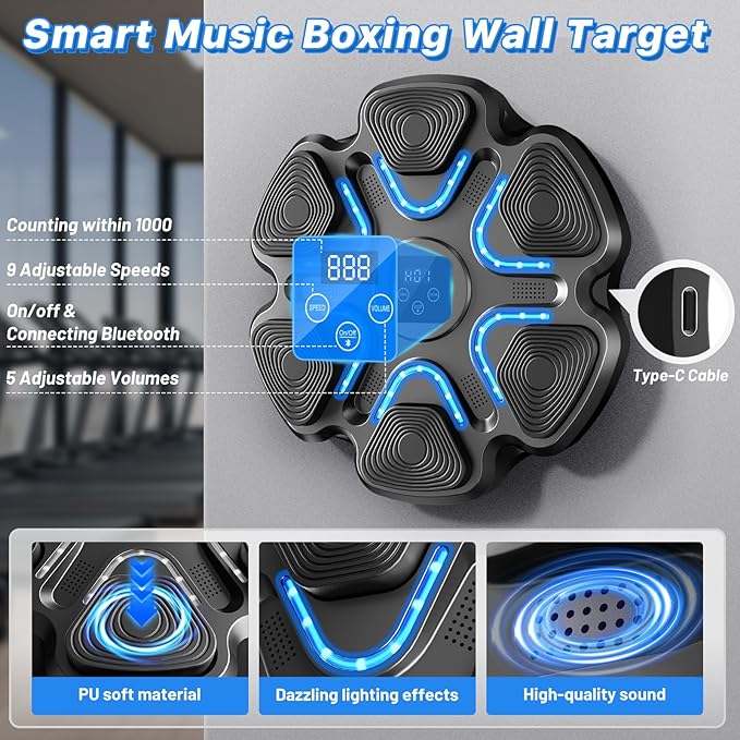 Music Boxing Machine for Kids and Adults, Wall Mounted Bluetooth Punching Trainer with Boxing Gloves, Intelligent LED Boxing Target Workout Machine for Teenagers Boys Girls