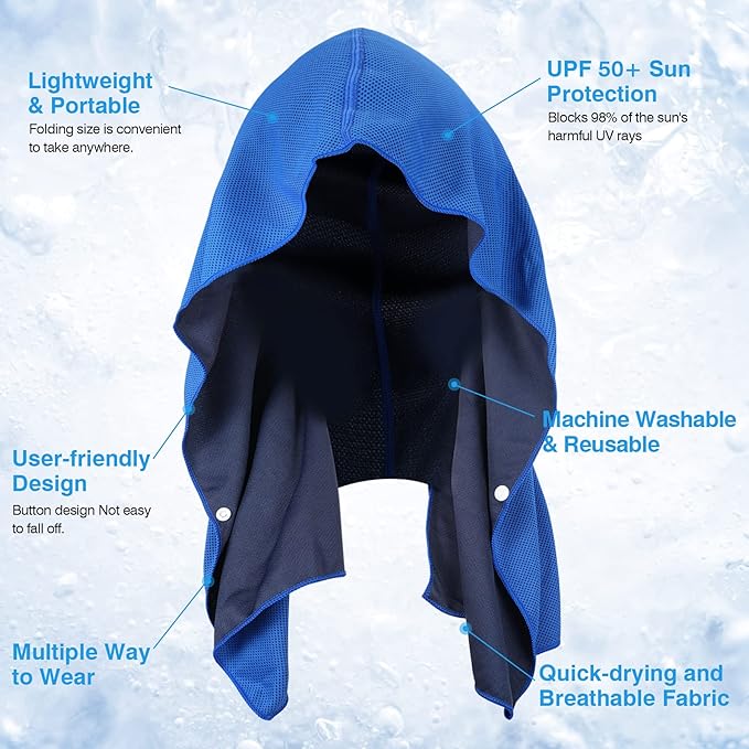 Sukeen Cooling Hoodie Towel, Cooling Towels for Neck and Face Absorbent Quick Drying, Cooling Neck Wraps UV Protection Sport Workout Camping Cycling Cooling Towel