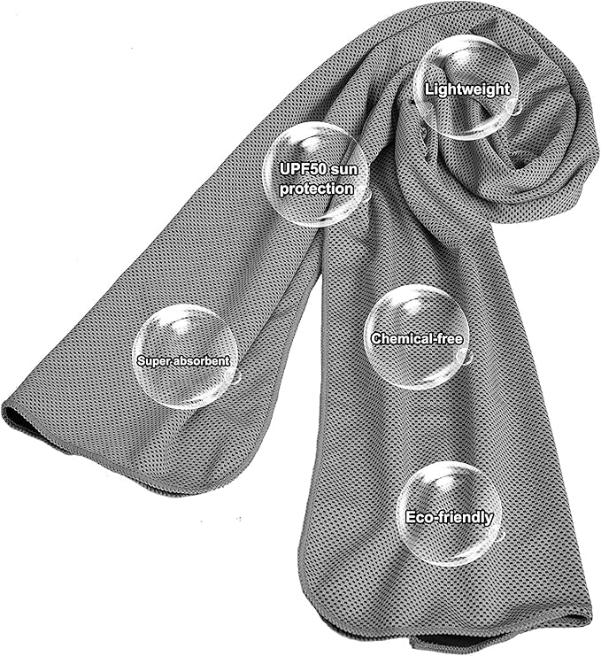 2 Packs Cooling Towel (40"x 12"), Microfiber Cool Towel, Soft Breathable Chilly Towel Stay Cool for Yoga, Sport, Gym, Camping, Fitness, Running & More Activities, Grey