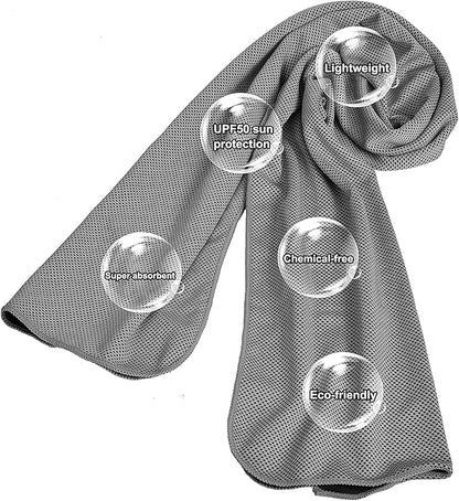 2 Packs Cooling Towel (40"x 12"), Microfiber Cool Towel, Soft Breathable Chilly Towel Stay Cool for Yoga, Sport, Gym, Camping, Fitness, Running & More Activities, Grey