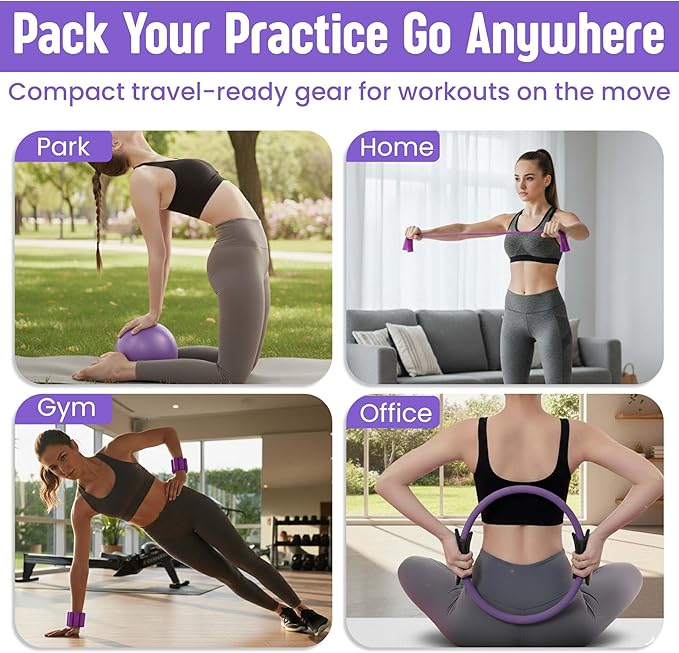 Pilates Kit 16- Pieces with Adjustable Resistance – Fitness Ring, Exercise Ball, Bands, Wrist Weights & Essential Pilates Equipment for Home Workouts - Versatile Fitness Accessories