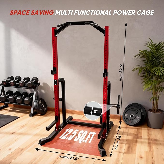 Outdoor Basic Power Cage Squat Rack with Pull-Up Bar & Dip Station, 2400LB Capacity, Multi-Functional Home Gym Rack for Weightlifting, Strength Training, Bench Press