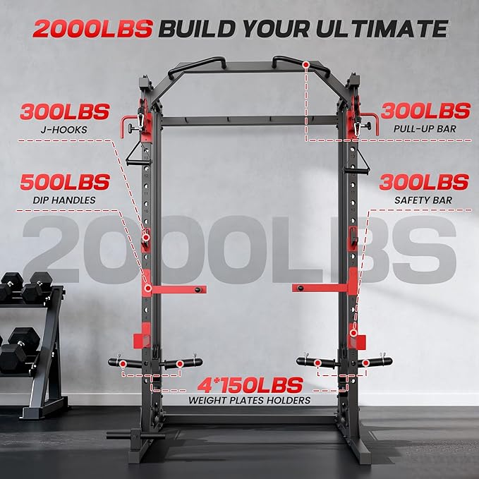 Power Cage with Dual Cable Crossover System, 2000LBS Heavy Duty Squat Rack with Independent Pulleys for Full Body Workout, All-in-One Home Gym Equipment,Compact 13.26 Sq Ft for Garage & Basement
