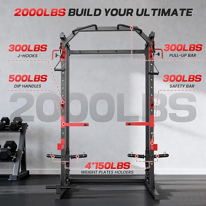 Power Cage with Dual Cable Crossover System, 2000LBS Heavy Duty Squat Rack with Independent Pulleys for Full Body Workout, All-in-One Home Gym Equipment,Compact 13.26 Sq Ft for Garage & Basement