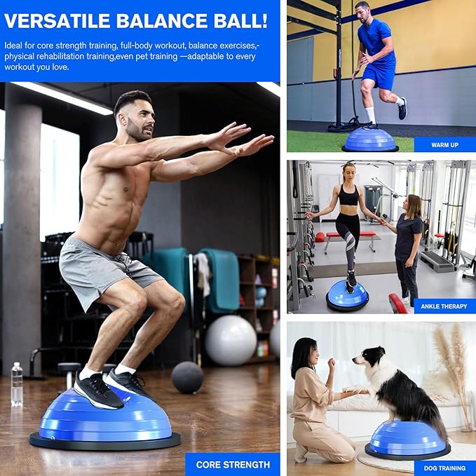 Half Balance Ball Trainer - 23 Inch Half Exercise Ball for Workout, Physical Therapy, Yoga, Home Gym, Core Strength, Stability, Fitness, Balance Training Equipment with Resistance Bands, Foot Pump