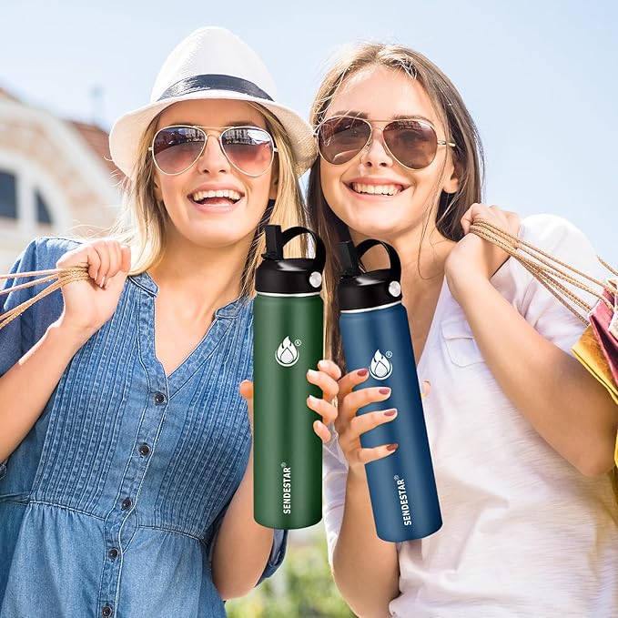 Insulated Water Bottle 32 oz with Straw, Stainless Steel Wide Mouth Water Bottle, Double Wall Vacuum Leak Proof with Straw Lid & Spout Lid for Sports or Office, Keep Cold or Hot Up to 24 Hrs