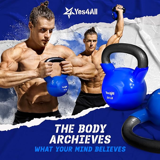 Yes4All Kettlebell, 5-100 LB Vinyl Coated Cast Iron Strength Training Kettlebells for Home Gym Exercises, Fitness, Full Body Workout Equipment, Push Ups, and Grip Strength