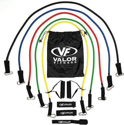 Valor Fitness Resistance Band Set - Stackable Workout System - 5 Heavy Duty Stretch Tube Bands with Handles, Ankle Straps, Door Anchor & Storage Bag