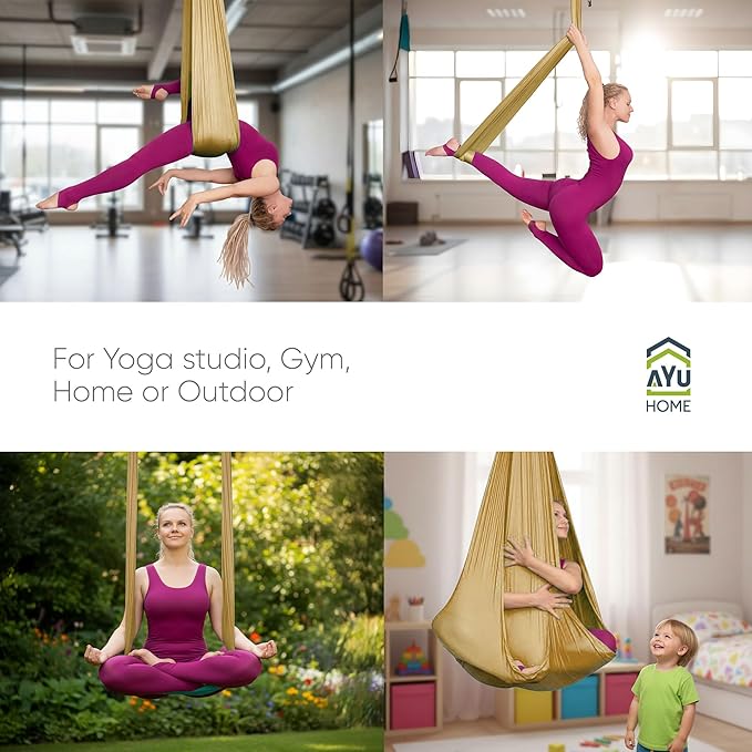 AyuHome Aerial Silks Kit for Home - Premium Yoga Swing for Kids and Adults with 660 lbs Capacity - Versatile Aerial Yoga Hammock for Gymnastics Training