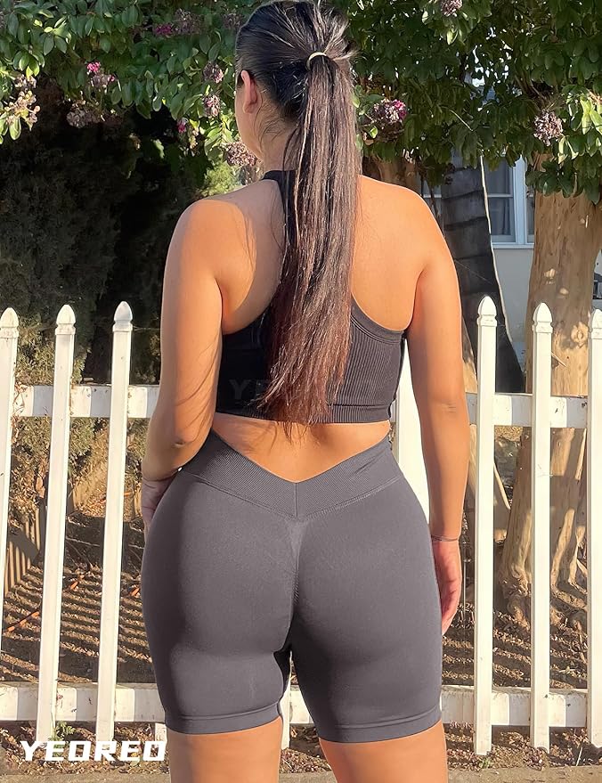YEOREO Workout Scrunch Shorts Women V Back Gym Butt Lifting Liz High Waisted Seamless Shorts
