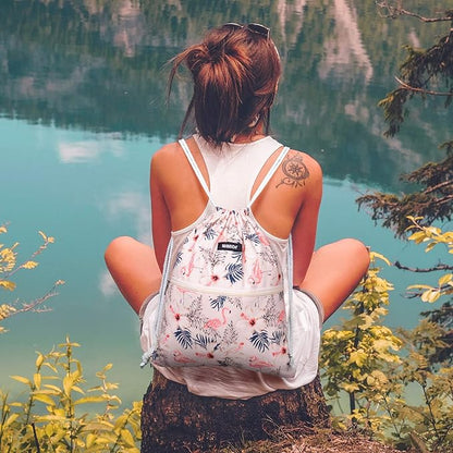 WANDF Drawstring Backpack String Bag Sackpack Cinch Water Resistant Nylon for Gym Shopping Sport Yoga (Flamingo)