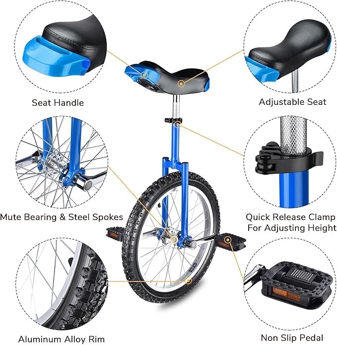 AW 16/18/20/24 Inch Wheel Outdoor Unicycle Adjustable Seat Exercise Bicycle Fit Adults Kids Outdoor Sports Fitness Exercise, for Choice