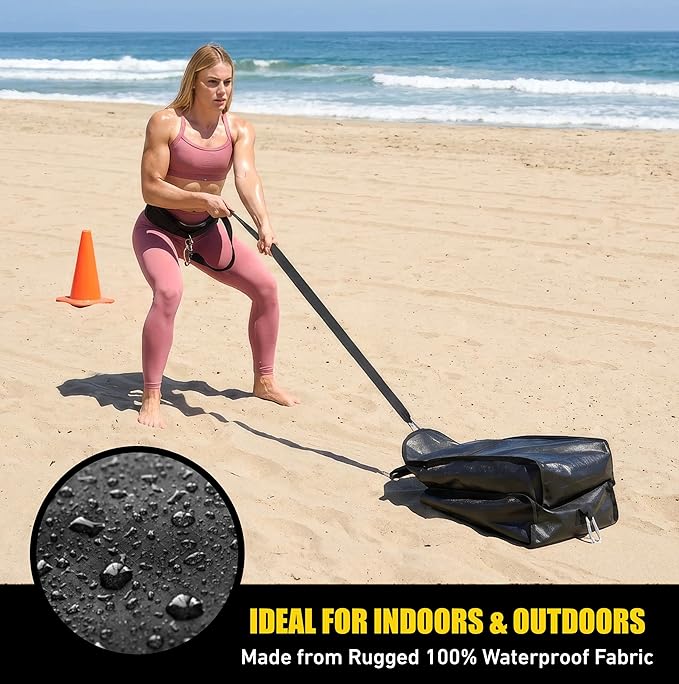 Elite Twin Sand Bag Sled Workout Sled – Waterproof Weight Sled Trainer with 6-Level 10–60 lb Resistance Pull System, Adjustable Waist Strap for Speed, Strength, Endurance & Agility Training