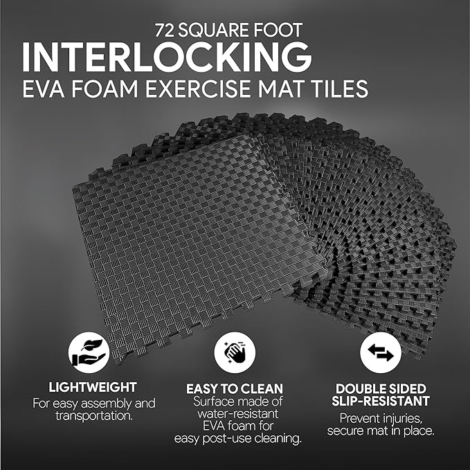 BalanceFrom Puzzle Exercise Mat 1" Thick, EVA Interlocking Foam Floor Tiles for Home Gym, Mat for Home Workout Equipment, Floor Padding for Kids, Black, 24 in x 24 in x 1 in, 72 Sq Ft - 18 Tiles