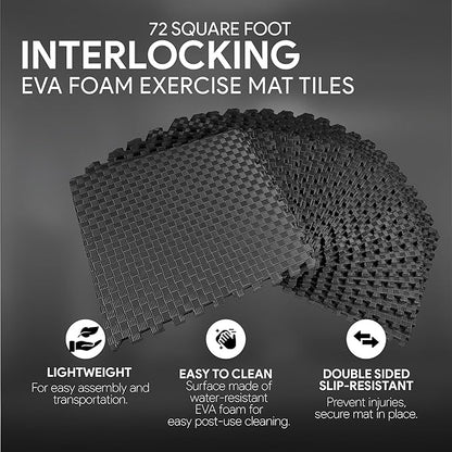 BalanceFrom Puzzle Exercise Mat 1" Thick, EVA Interlocking Foam Floor Tiles for Home Gym, Mat for Home Workout Equipment, Floor Padding for Kids, Black, 24 in x 24 in x 1 in, 72 Sq Ft - 18 Tiles