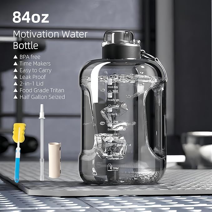 50oz & 84oz Motivational Water Bottle - Time-Marked, Leak Proof & BPA free. 2-in-1 Lid with Straw, Food-Grade Tritan. Half Gallon Sized, Ideal for Gym, Fitness & Outdoor Activities (84oz, Grey)