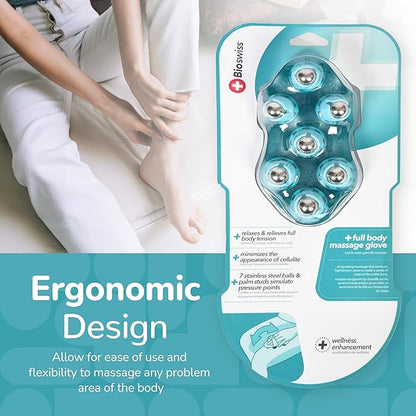 BioSwiss Massage Glove with Steel Roller Balls, Handheld Full Body Massager for Back, Neck, Shoulders, and Legs
