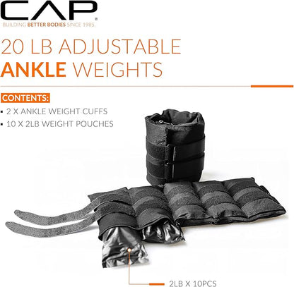 CAP Barbell Adjustable Ankle Weights |10-20lb Pair | Black