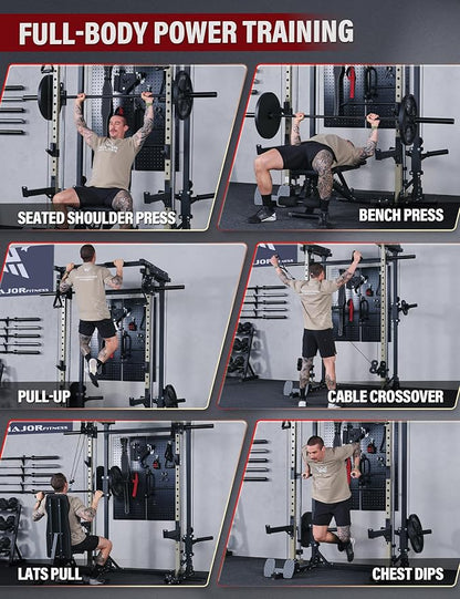 MAJOR FITNESS Drone3 Smith Machine, 2500lbs All-in-One Home Gym Power Rack with Dual Pulley System for Cable Crossover, Pull-Up Bars