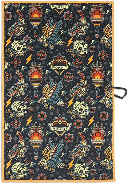 RokFit Gym & Golf Towel – Multi-Use, Quick-Dry, Durable Utility Towel with Bold Graphic and Carabiner Clip (Tattoo Flash Pattern)