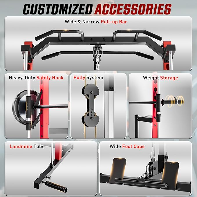 OPPSDECOR All-in-One Adjustable Smith Machine with LAT-Pull Down System Multi-Function Power Cage for Home Gym Cable Crossover Squat Rack of Workout Machine Training Equipment with Attachments