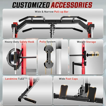 OPPSDECOR All-in-One Adjustable Smith Machine with LAT-Pull Down System Multi-Function Power Cage for Home Gym Cable Crossover Squat Rack of Workout Machine Training Equipment with Attachments