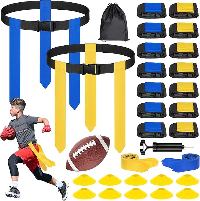Flag Football Set - 14/20 Player Adjustable Belts with Cones, Football, Pump, Bag, for Youth and Adults Training