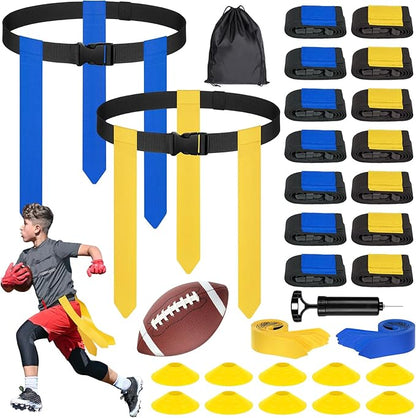 Flag Football Set - 14/20 Player Adjustable Belts with Cones, Football, Pump, Bag, for Youth and Adults Training