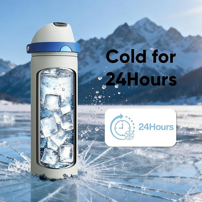 Insulated Water Bottle with Straw - Encool Stainless Steel Water Bottle with Push Button Lid, Leak-Proof & BPA-Free, Keeps Cold for 24 Hours for Sports, Travel, Gym (24 oz, Quill Grey-Blue)
