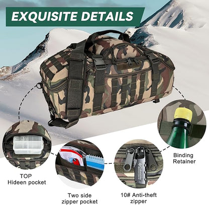 55L Large Duffle Bag, 3-in-1 Tactical Backpack MOLLE Pack for Sports, Gym, Outdoor, Woodland