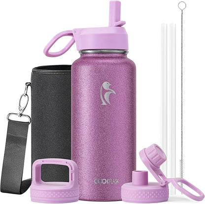 Coolflask Water Bottle 32 oz Insulated with Straw, Stainless Steel Metal 3 Lids Water Flask Wide Mouth for Sports or Office, Non-BPA Keep Cold Up to 48 Hrs or Hot Up to 24 Hrs, Glitter Pink