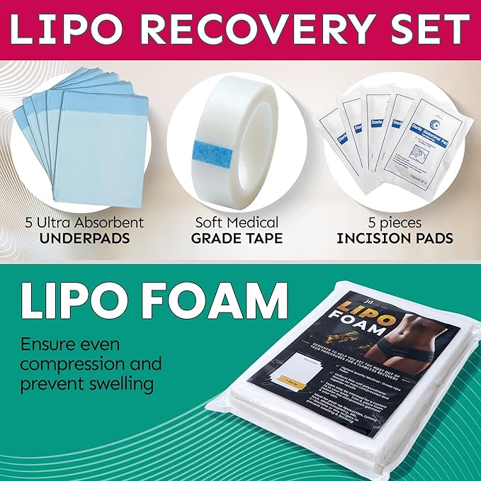 Lipo Surgery Recovery Kit (21 Piece Set) - Liposuction Recovery Supplies Post Surgery Care | 360 Massage Roller, ABD Pads, Lipo Foam, Scar Tape, Bromelain Arnica Teas & More