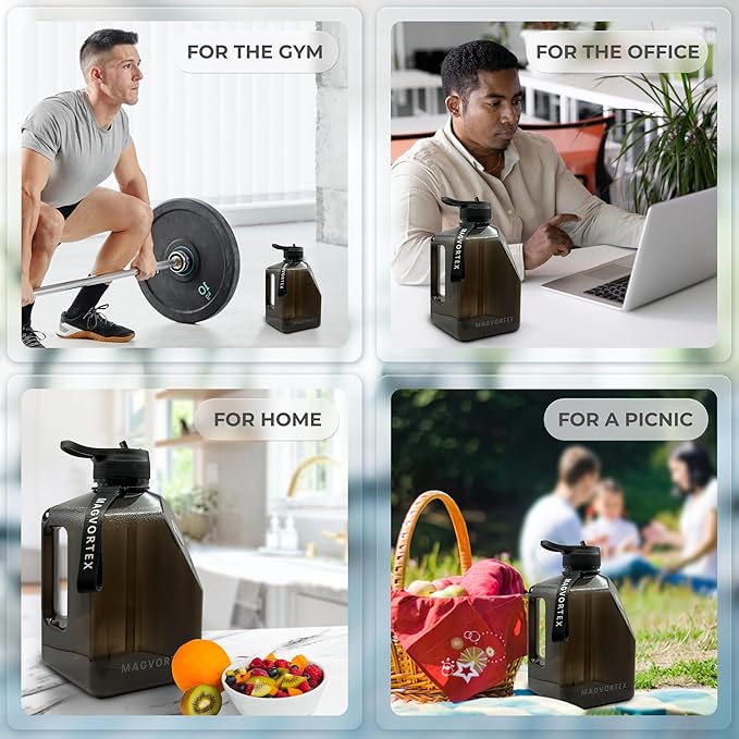 91oz Gym Daily Water Bottle – Large BPA-Free PETG Jug with Magnetic Phone Mount (Plate Included), Leakproof Flip-Top Lid, Wide Mouth for Ice, Straw, Carry Strap, Stable Base, Time Marker