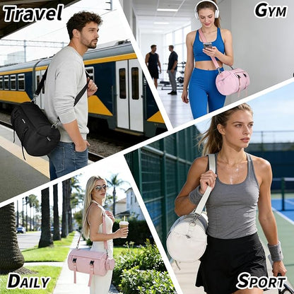 Small Gym Bag for Women Men, Mini Crossbody Travel Duffle Bag with Wet Compartment and Yoga Mat Strap, Compact Workout Bag for Sports Dance Swimming, Daily Commuting (Beige)