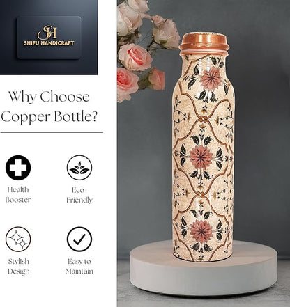 Pure Copper Water Bottle 34 Oz/1 Liter Natural Handmade Leak Proof Vessel For Drinking With Ayurvedic Health Benefits For Sports Fitness Yoga, Gym (IVORY PRINTED)