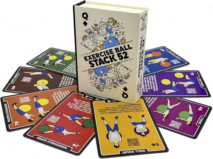 Stack 52 Exercise Ball Fitness Cards. Swiss Ball Workout Playing Card Game. Video Instructions Included. Bodyweight Training Program for Balance and Stability Balls.