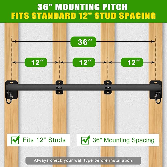 SELEWARE Heavy Duty Wall Mount Pull Up Bar, Joist Mount Chin Up Bar for Doorway, Sturdy Steel Construction, w/Resistance Band Hooks, Fits 32"/36" Wall Studs for Home Gym Strength Training