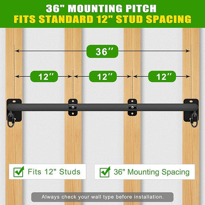 SELEWARE Heavy Duty Wall Mount Pull Up Bar, Joist Mount Chin Up Bar for Doorway, Sturdy Steel Construction, w/Resistance Band Hooks, Fits 32"/36" Wall Studs for Home Gym Strength Training
